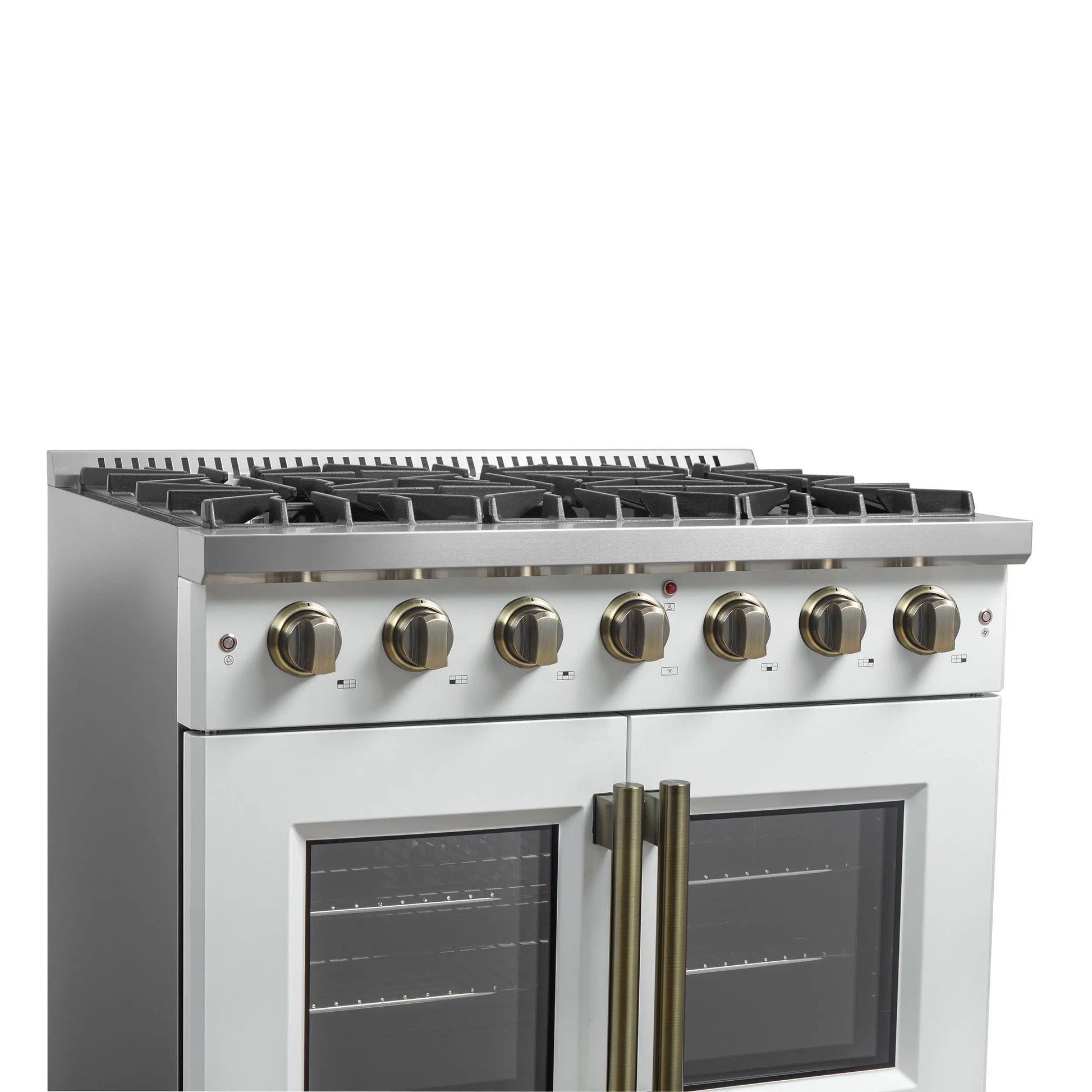 Forno Galiano 36-inch French Door Gas Range White and Antique Brass Design, 6 Sealed Burners 83,000 BTU, 5.36 cu.ft. Convection Oven FORNO
