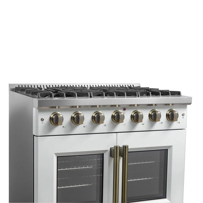 Forno Galiano 36-inch French Door Gas Range White and Antique Brass Design, 6 Sealed Burners 83,000 BTU, 5.36 cu.ft. Convection Oven FORNO