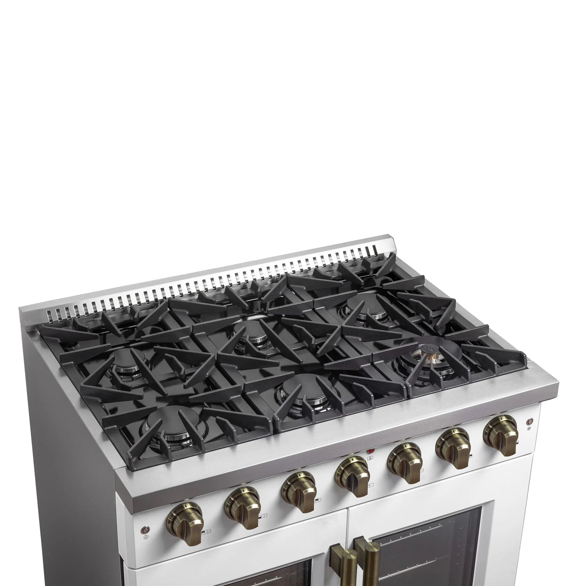 Forno Galiano 36-inch French Door Gas Range White and Antique Brass Design, 6 Sealed Burners 83,000 BTU, 5.36 cu.ft. Convection Oven FORNO