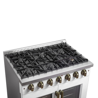 Forno Galiano 36-inch French Door Gas Range White and Antique Brass Design, 6 Sealed Burners 83,000 BTU, 5.36 cu.ft. Convection Oven FORNO