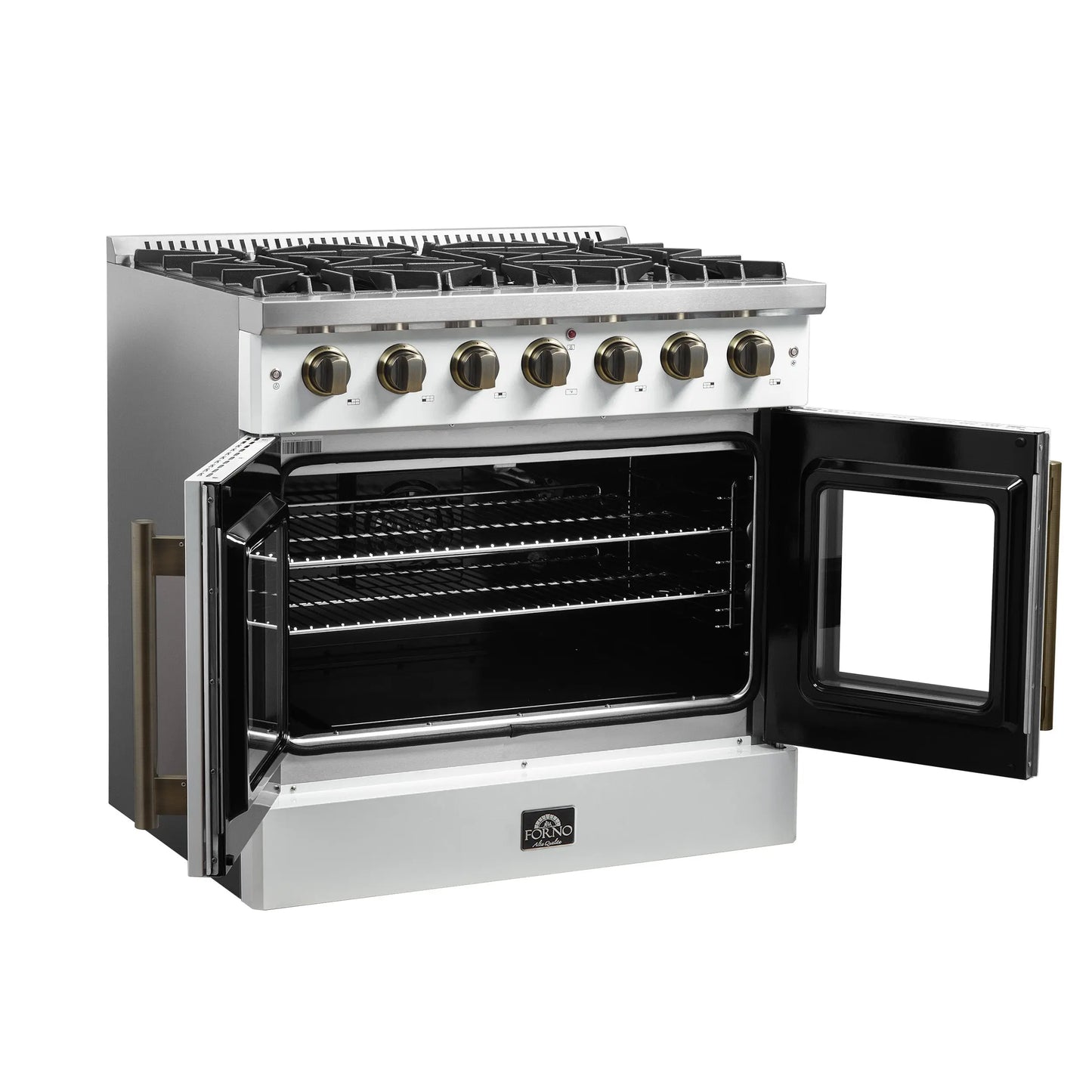 Forno Galiano 36-inch French Door Gas Range White and Antique Brass Design, 6 Sealed Burners 83,000 BTU, 5.36 cu.ft. Convection Oven FORNO