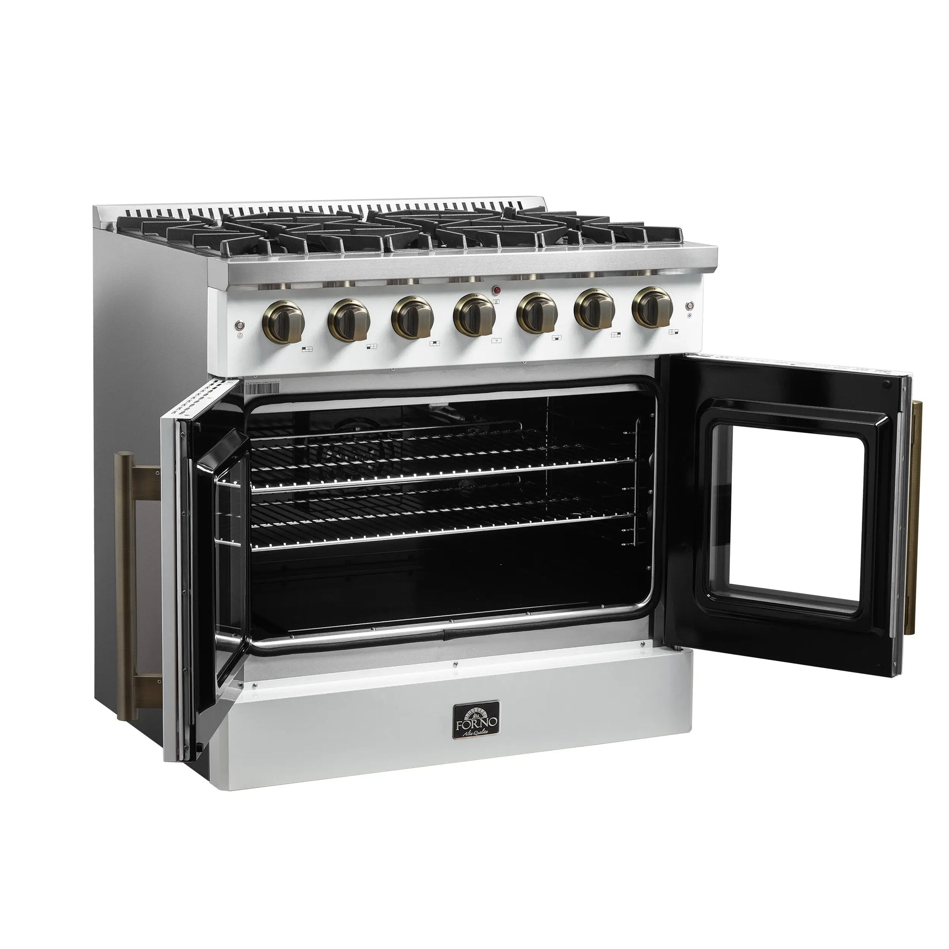 Forno Galiano 36-inch French Door Gas Range White and Antique Brass Design, 6 Sealed Burners 83,000 BTU, 5.36 cu.ft. Convection Oven FORNO