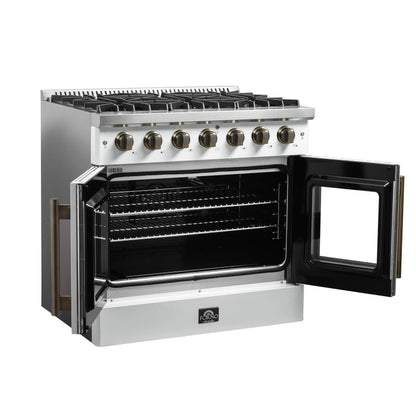 Forno Galiano 36-inch French Door Gas Range White and Antique Brass Design, 6 Sealed Burners 83,000 BTU, 5.36 cu.ft. Convection Oven FORNO