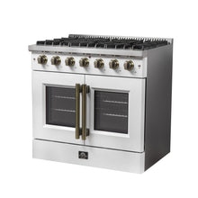 Forno Galiano 36-inch French Door Gas Range White and Antique Brass Design, 6 Sealed Burners 83,000 BTU, 5.36 cu.ft. Convection Oven FORNO