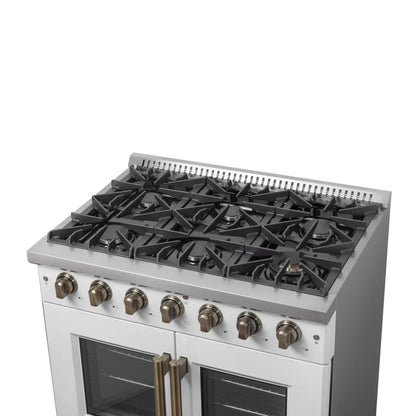 Forno Galiano 36-inch French Door Gas Range White and Antique Brass Design, 6 Sealed Burners 83,000 BTU, 5.36 cu.ft. Convection Oven FORNO