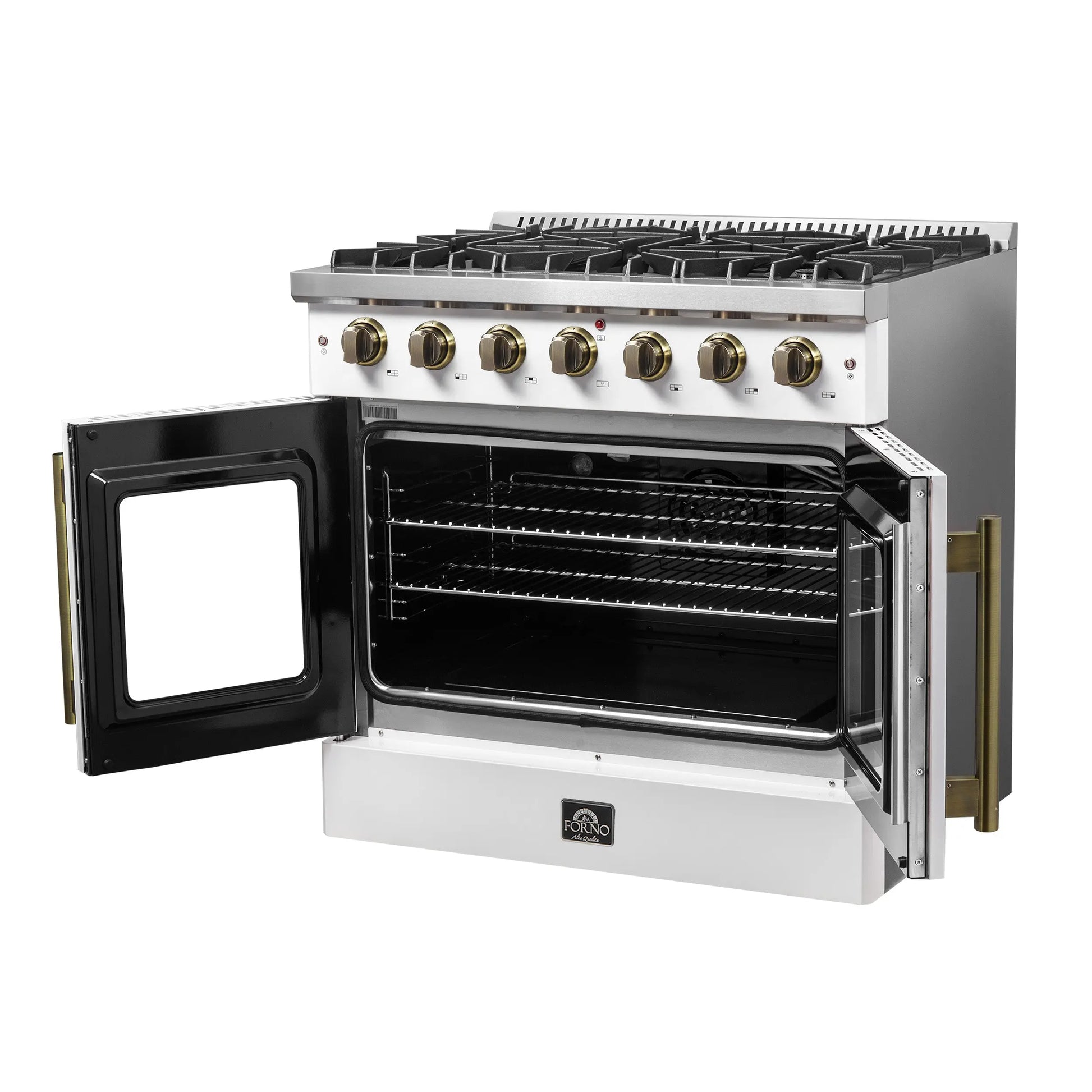 Forno Galiano 36-inch French Door Gas Range White and Antique Brass Design, 6 Sealed Burners 83,000 BTU, 5.36 cu.ft. Convection Oven FORNO