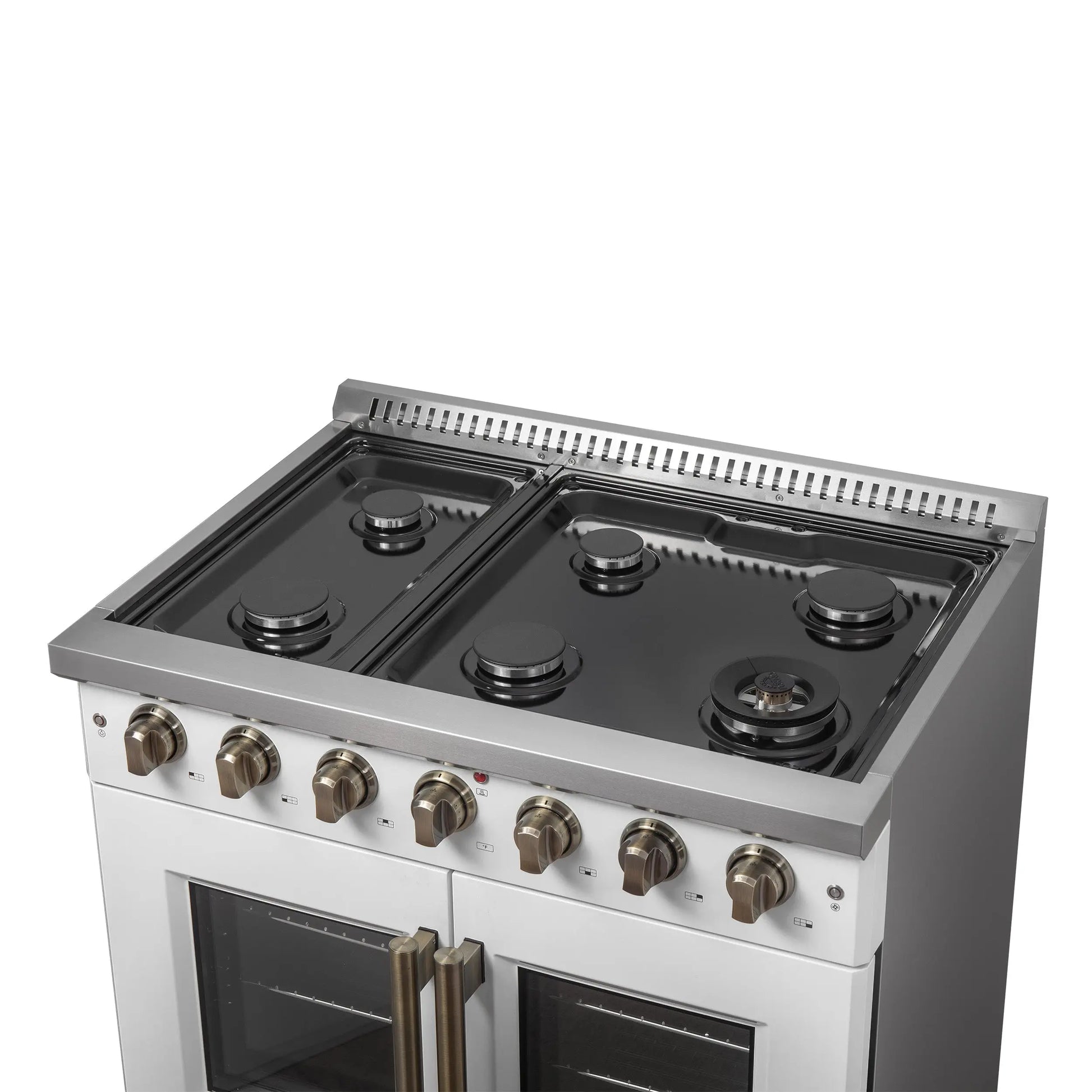 Forno Galiano 36-inch French Door Gas Range White and Antique Brass Design, 6 Sealed Burners 83,000 BTU, 5.36 cu.ft. Convection Oven FORNO