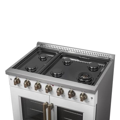 Forno Galiano 36-inch French Door Gas Range White and Antique Brass Design, 6 Sealed Burners 83,000 BTU, 5.36 cu.ft. Convection Oven FORNO