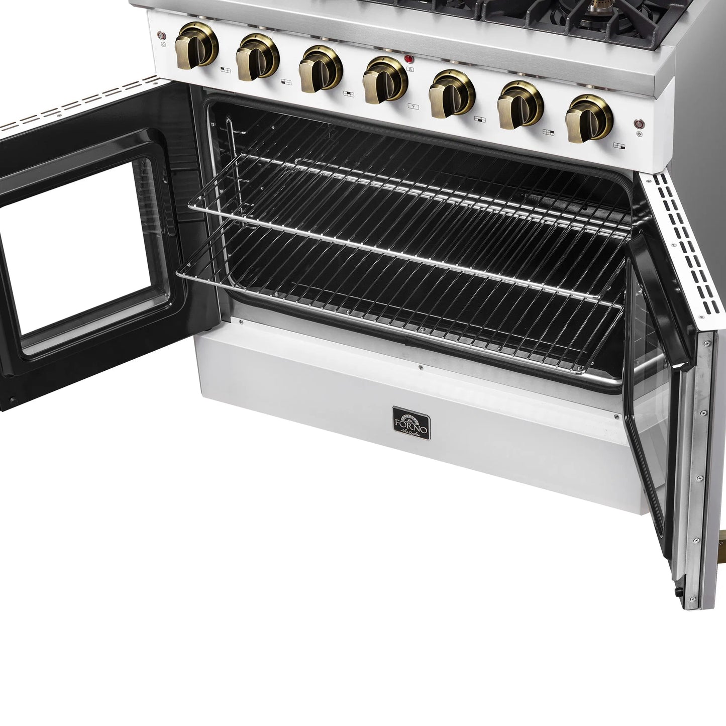 Forno Galiano 36-inch French Door Gas Range White and Antique Brass Design, 6 Sealed Burners 83,000 BTU, 5.36 cu.ft. Convection Oven FORNO