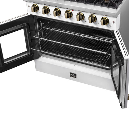 Forno Galiano 36-inch French Door Gas Range White and Antique Brass Design, 6 Sealed Burners 83,000 BTU, 5.36 cu.ft. Convection Oven FORNO
