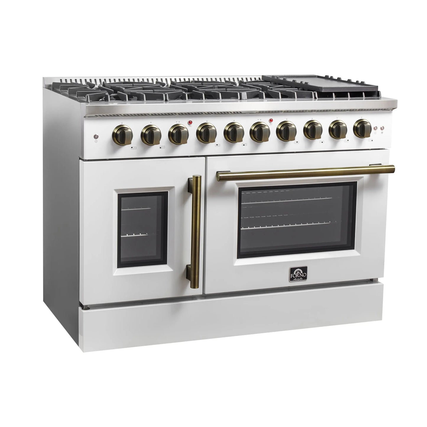 Forno Galiano 48-Inch Freestanding French Door Gas Range, White & Antique Brass FORNO