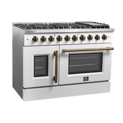 Forno Galiano 48-Inch Freestanding French Door Gas Range, White & Antique Brass FORNO