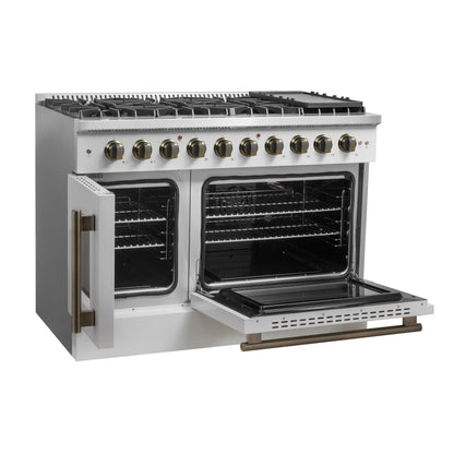 Forno Galiano 48-Inch Freestanding French Door Gas Range, White & Antique Brass FORNO
