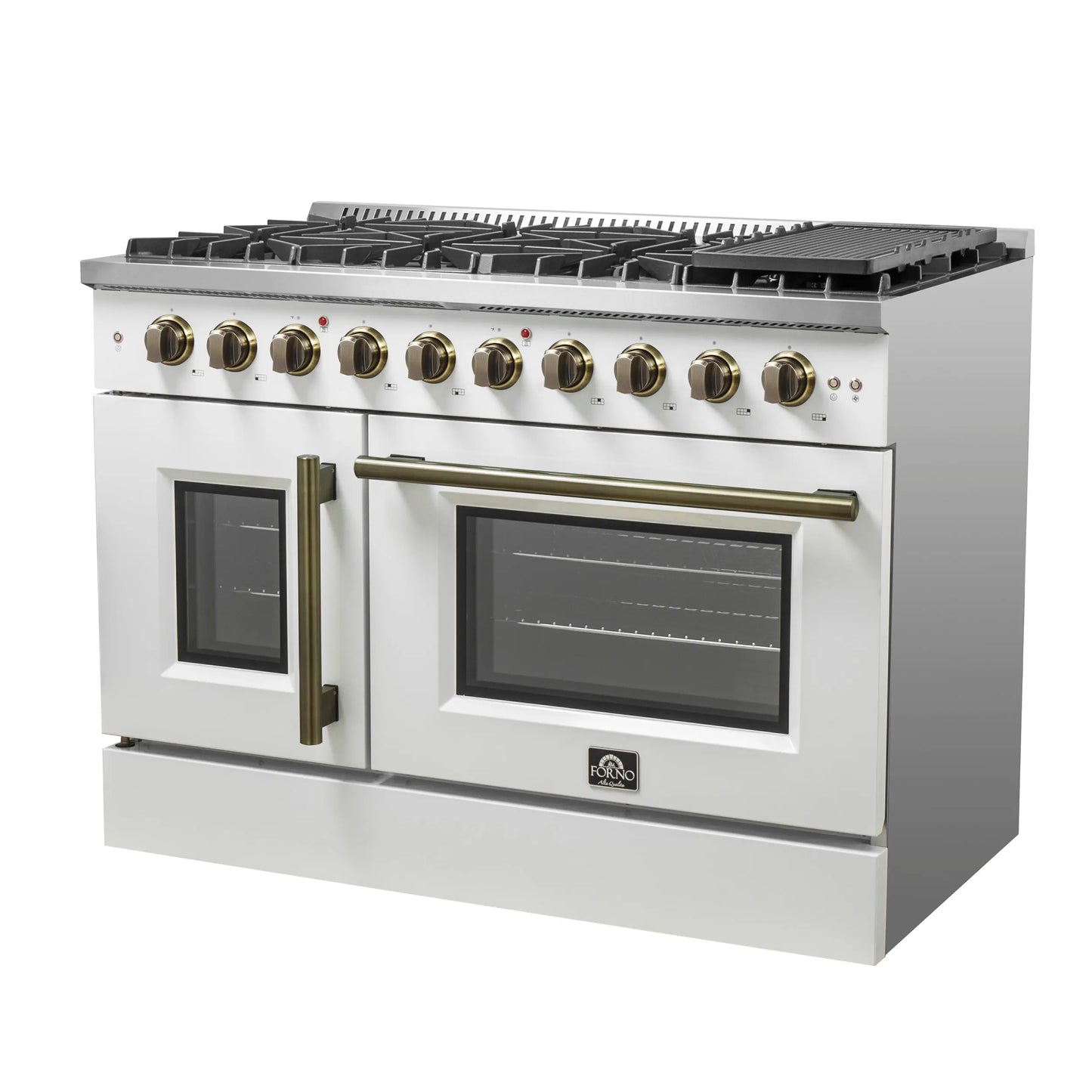 Forno Galiano 48-Inch Freestanding French Door Gas Range, White & Antique Brass FORNO