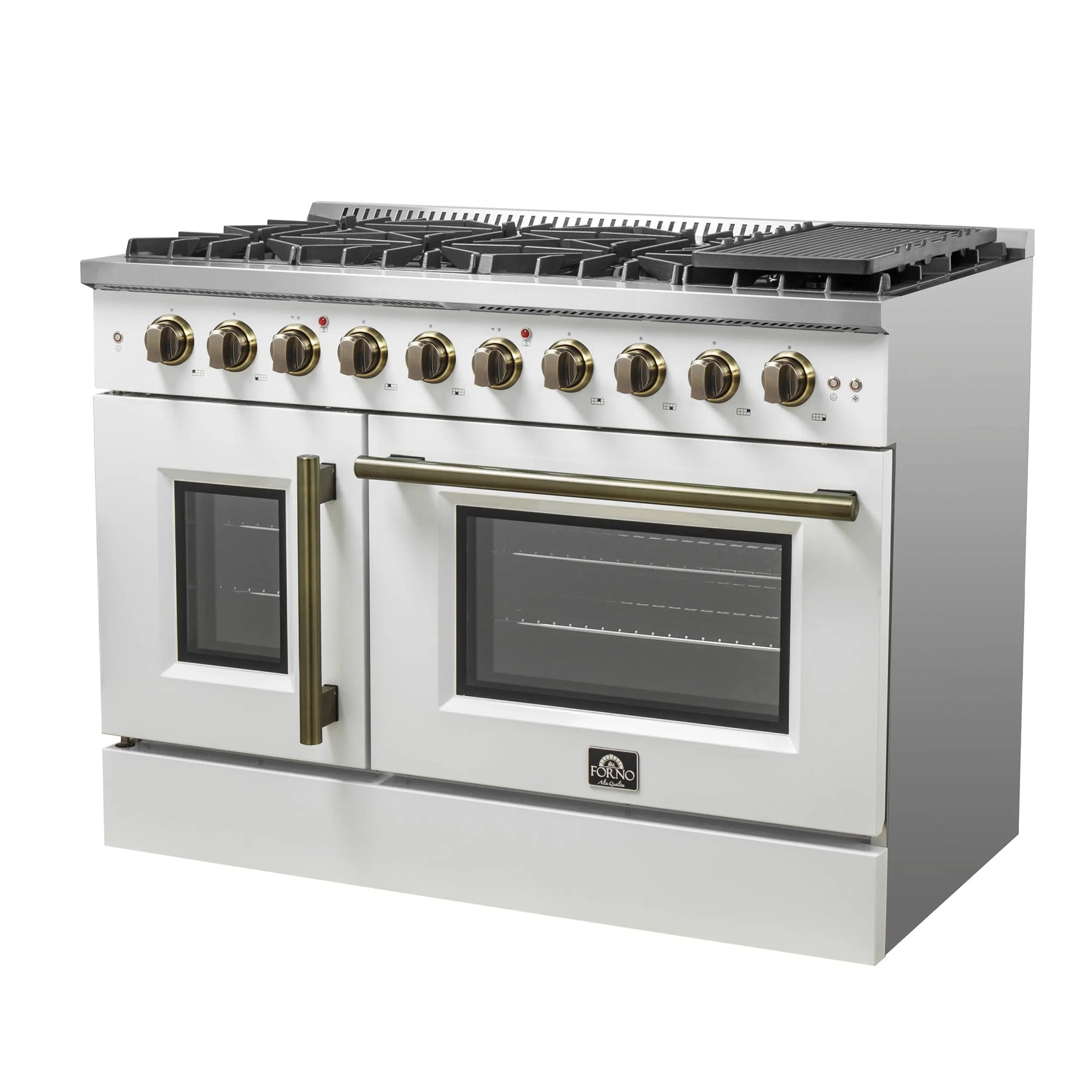 Forno Galiano 48-Inch Freestanding French Door Gas Range, White & Antique Brass FORNO