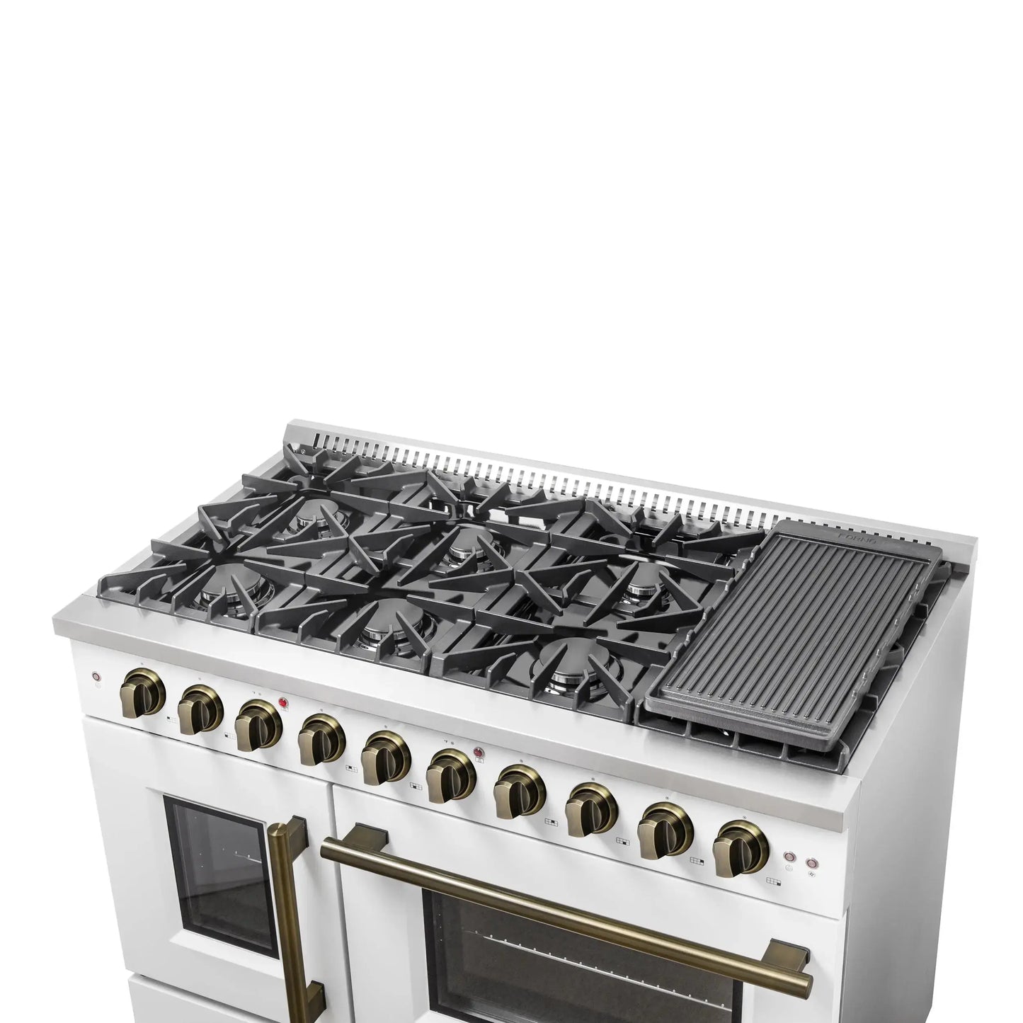 Forno Galiano 48-Inch Freestanding French Door Gas Range, White & Antique Brass FORNO