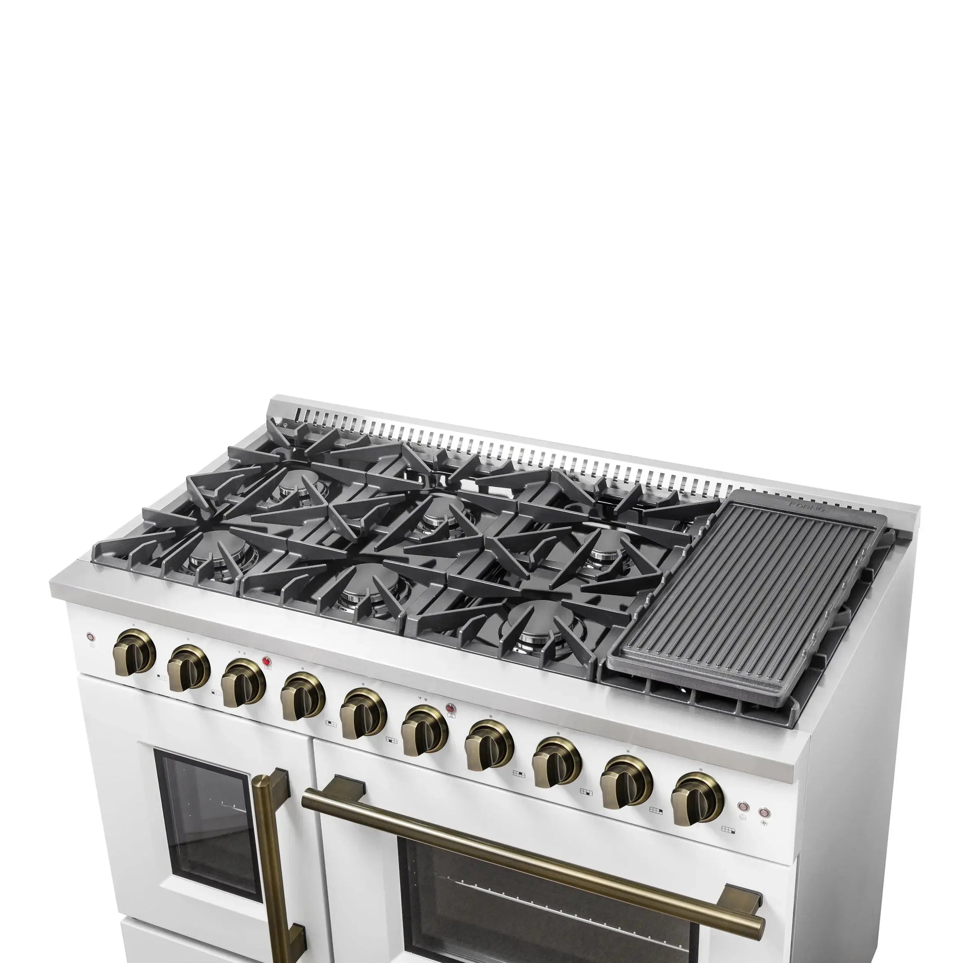 Forno Galiano 48-Inch Freestanding French Door Gas Range, White & Antique Brass FORNO