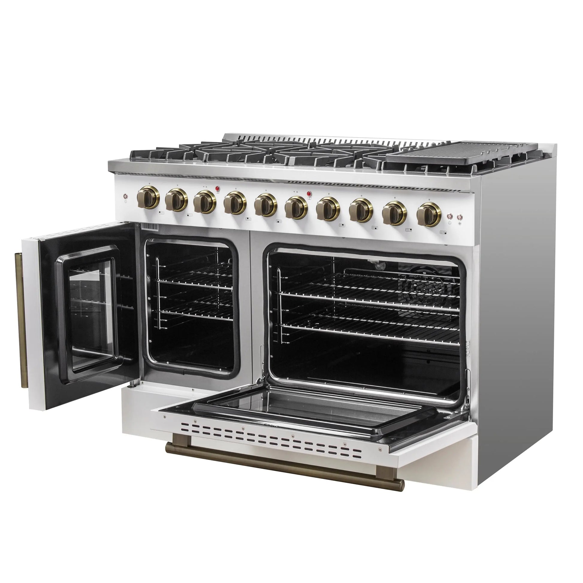 Forno Galiano 48-Inch Freestanding French Door Gas Range, White & Antique Brass FORNO