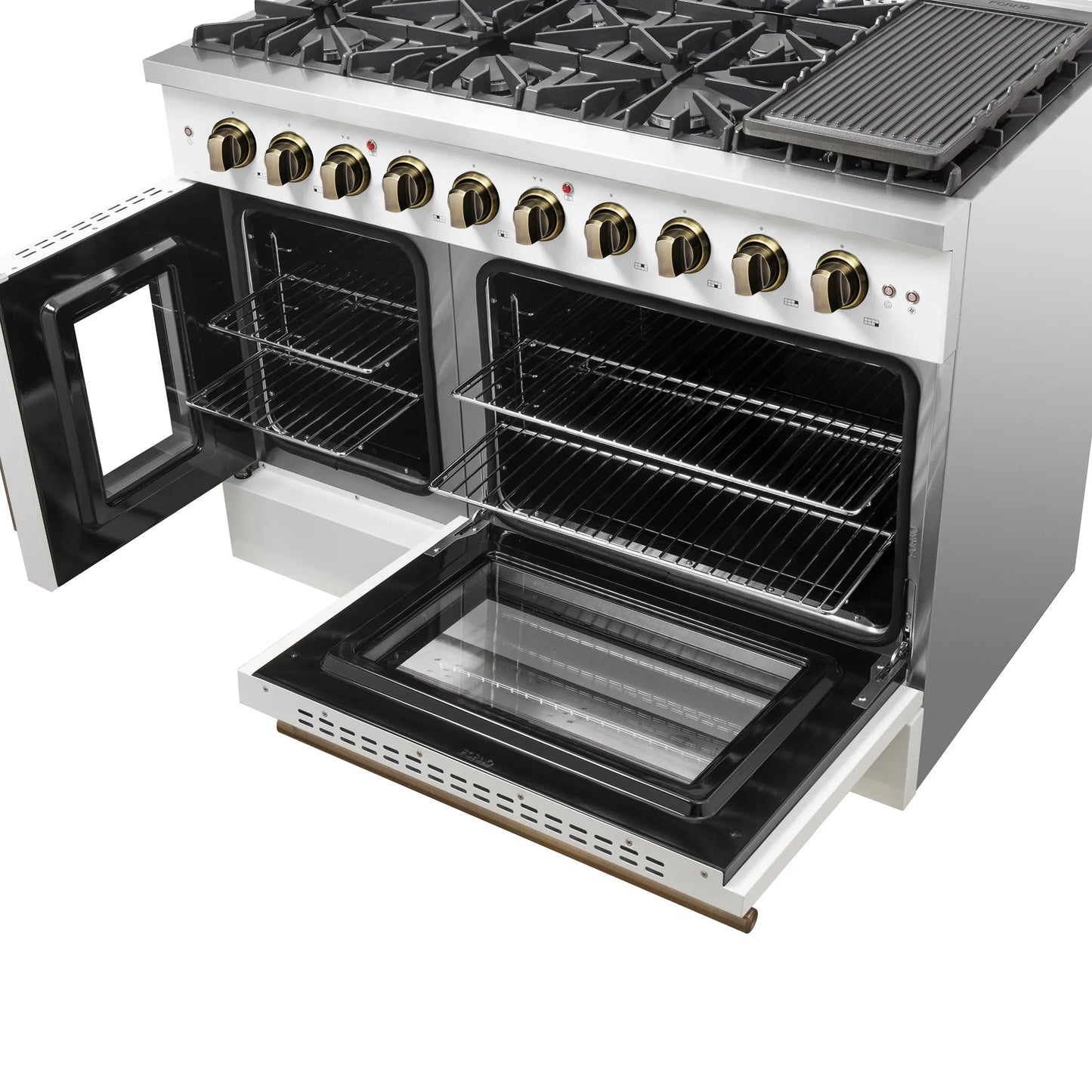 Forno Galiano 48-Inch Freestanding French Door Gas Range, White & Antique Brass FORNO