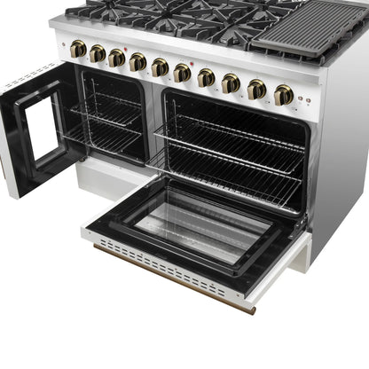 Forno Galiano 48-Inch Freestanding French Door Gas Range, White & Antique Brass FORNO