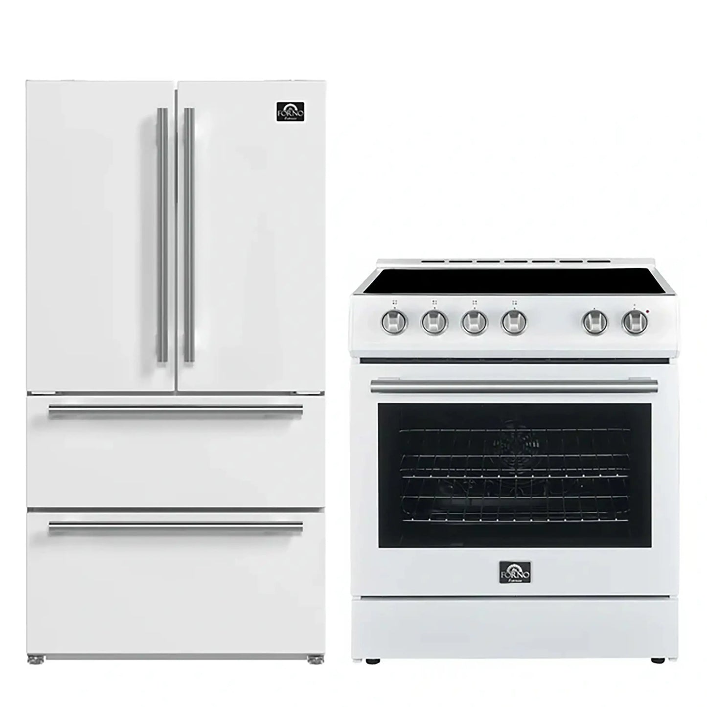 FORNO Premium 2 Pieces Kitchen Bundle - Leonardo Espresso 30-Inch White Electric Range, Moena Espresso 36-Inch White French Door Refrigerator FORNO