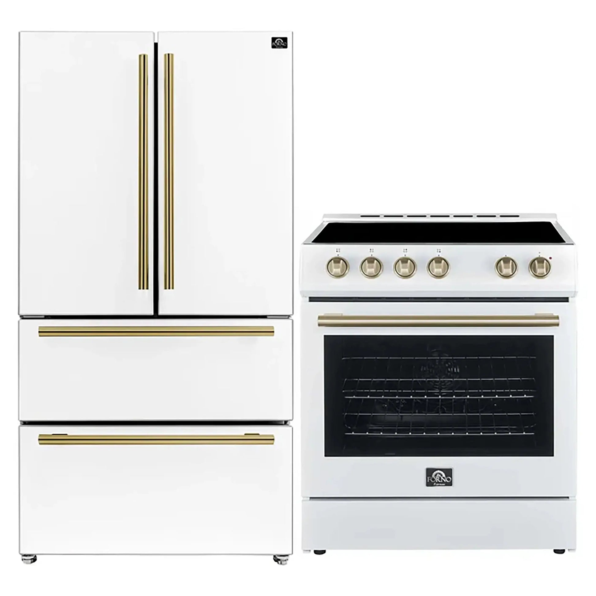 FORNO Premium 2 Pieces Kitchen Bundle - Leonardo Espresso 30-Inch White Electric Range, Moena Espresso 36-Inch White French Door Refrigerator FORNO