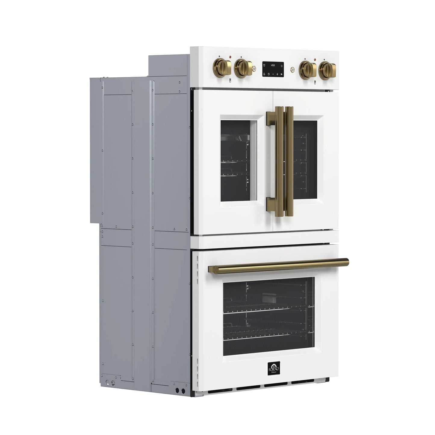 Forno Asti 30-Inch Double Electric Wall Oven with Upper French Doors in White & Antique Brass, 7.36 cu. ft. FORNO