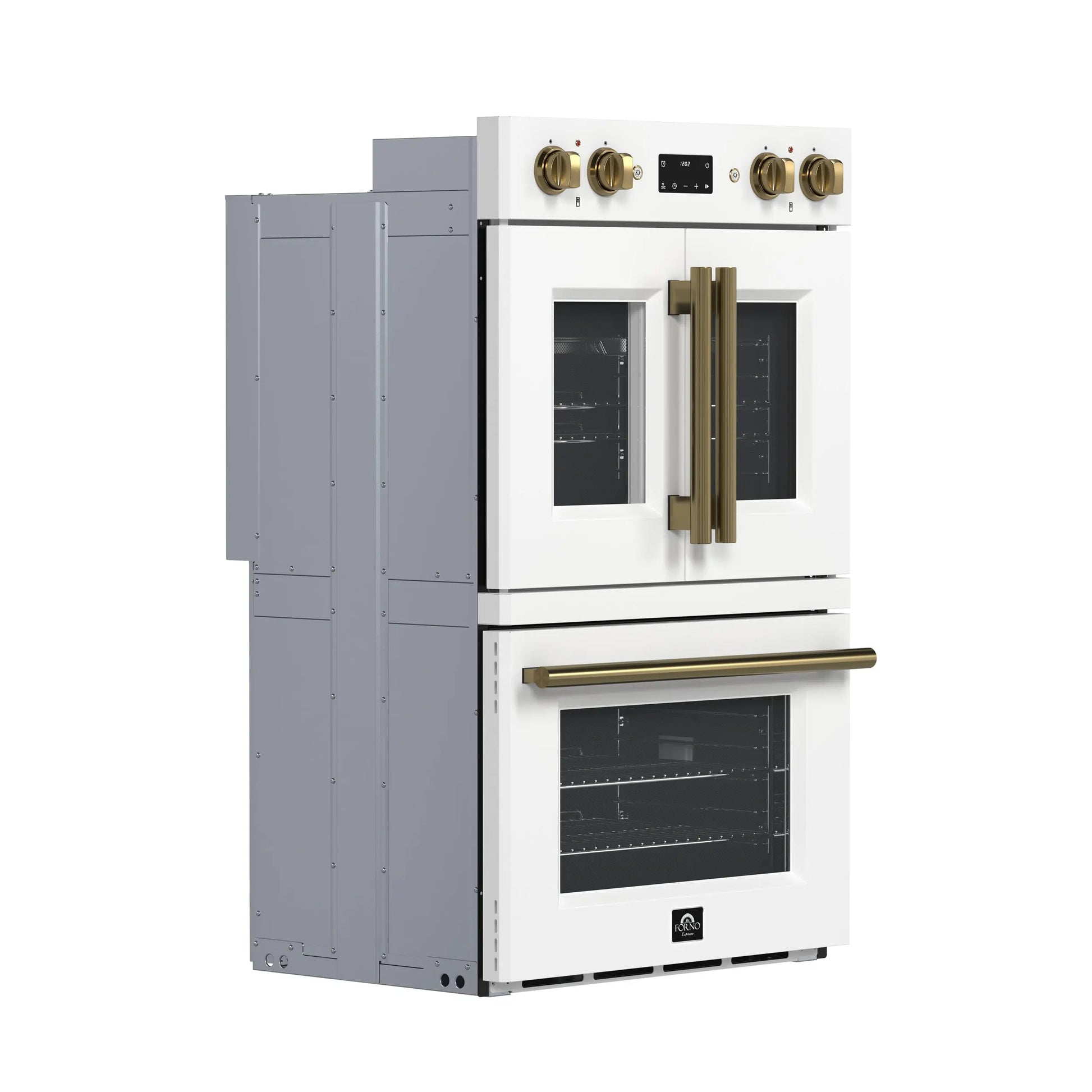 Forno Asti 30-Inch Double Electric Wall Oven with Upper French Doors in White & Antique Brass, 7.36 cu. ft. FORNO