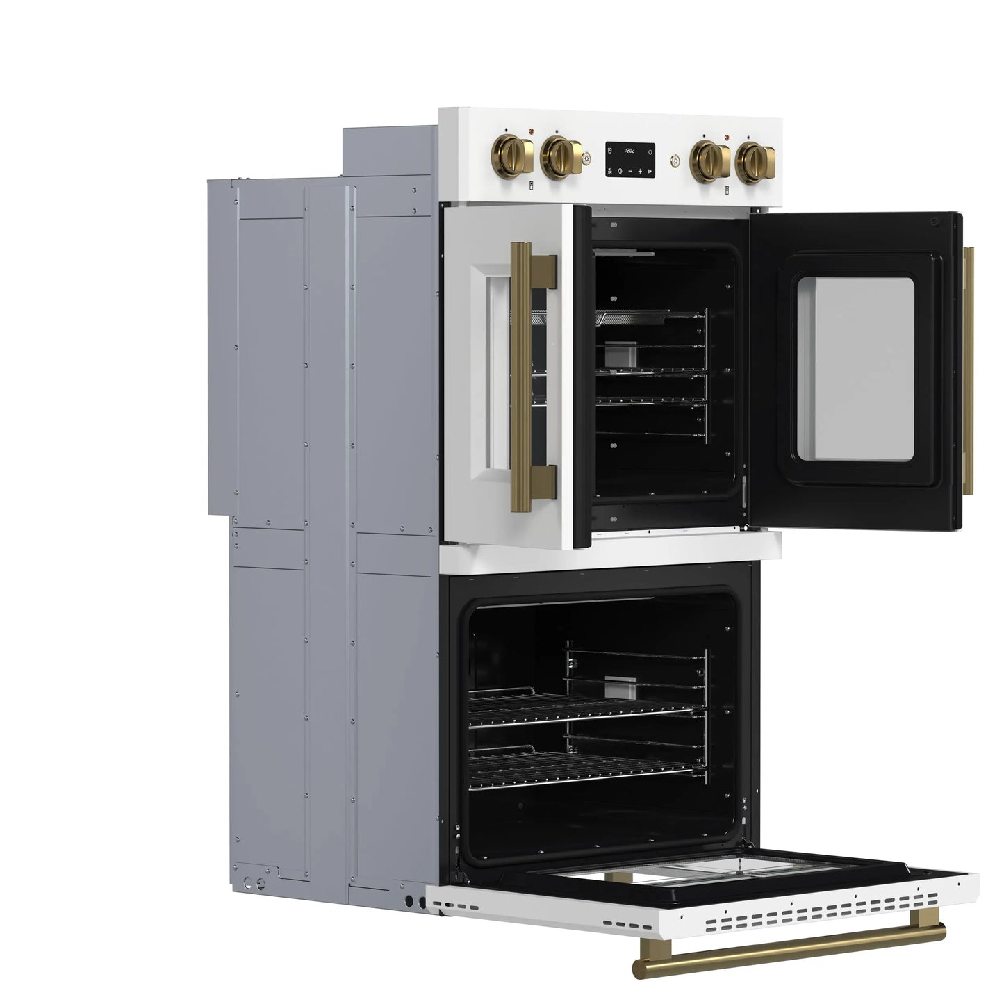 Forno Asti 30-Inch Double Electric Wall Oven with Upper French Doors in White & Antique Brass, 7.36 cu. ft. FORNO