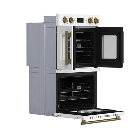 Forno Asti 30-Inch Double Electric Wall Oven with Upper French Doors in White & Antique Brass, 7.36 cu. ft. FORNO