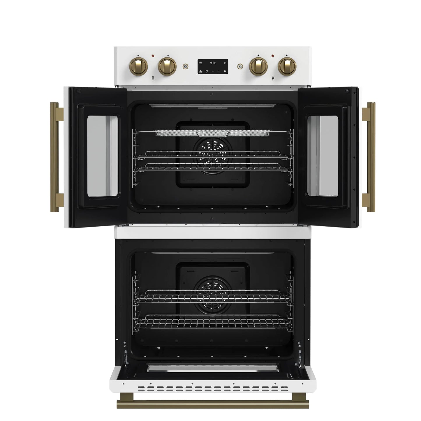 Forno Asti 30-Inch Double Electric Wall Oven with Upper French Doors in White & Antique Brass, 7.36 cu. ft. FORNO
