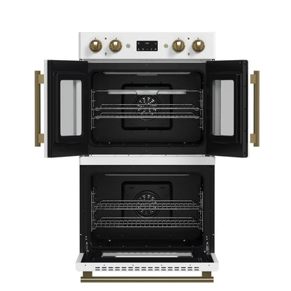 Forno Asti 30-Inch Double Electric Wall Oven with Upper French Doors in White & Antique Brass, 7.36 cu. ft. FORNO