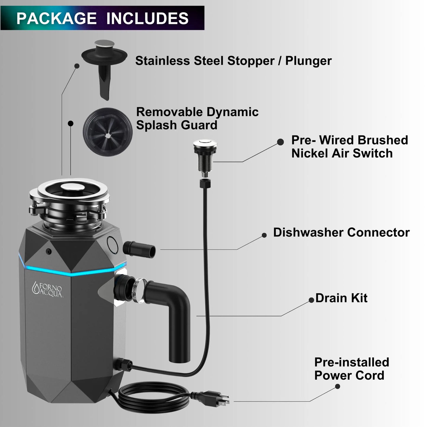 FORNO ACQUA BrightDIAMOND Black Onyx 3/4HP Super Quiet Garbage Disposal Corded with Motion Sensor Cabinet Light & Pre-Wired Air Switch FORNO ACQUA