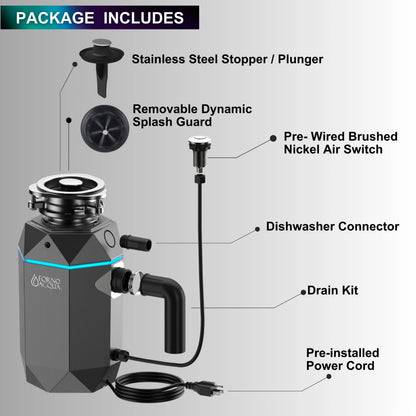 FORNO ACQUA BrightDIAMOND Black Onyx 3/4HP Super Quiet Garbage Disposal Corded with Motion Sensor Cabinet Light & Pre-Wired Air Switch FORNO ACQUA