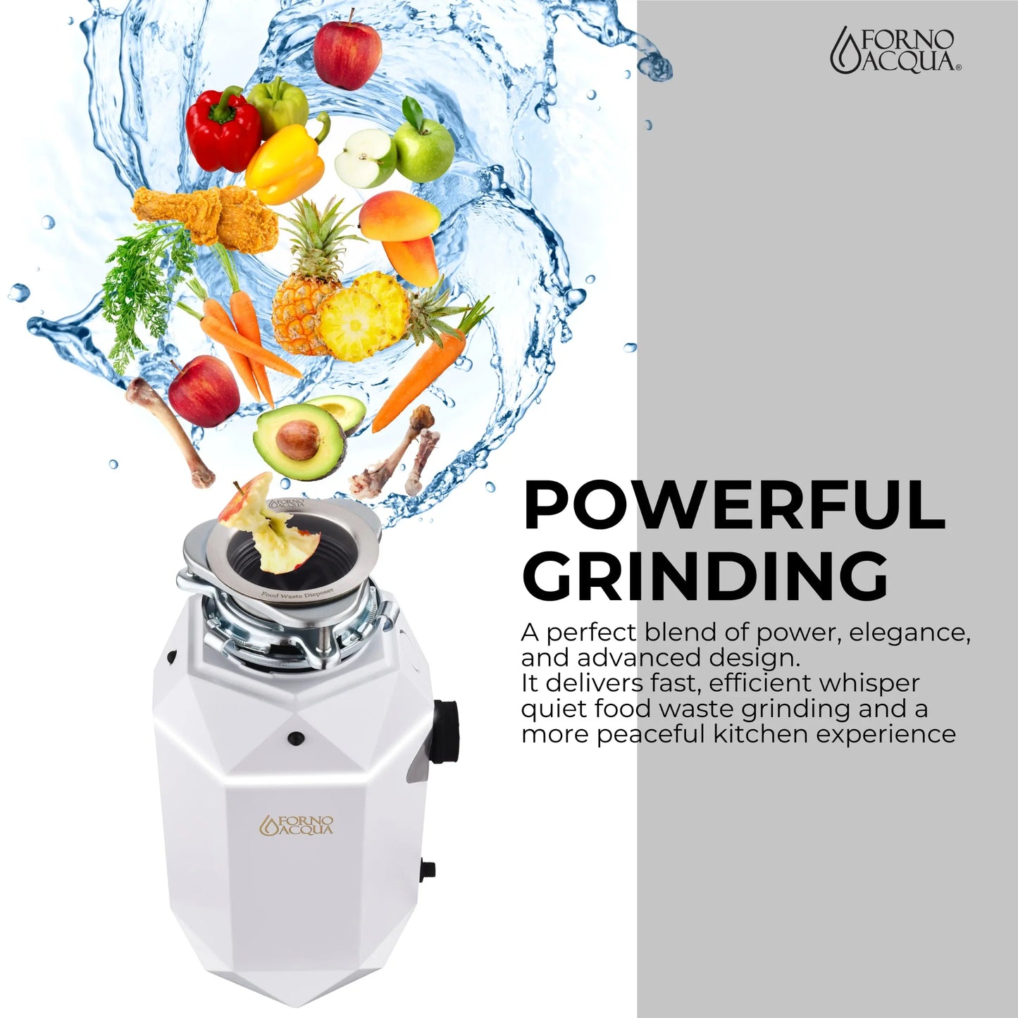 FORNO ACQUA BrightDIAMOND Moonstone 1HP Super Quiet Garbage Disposal Corded with Motion Sensor Cabinet Light & Pre-Wired Air Switch FORNO ACQUA