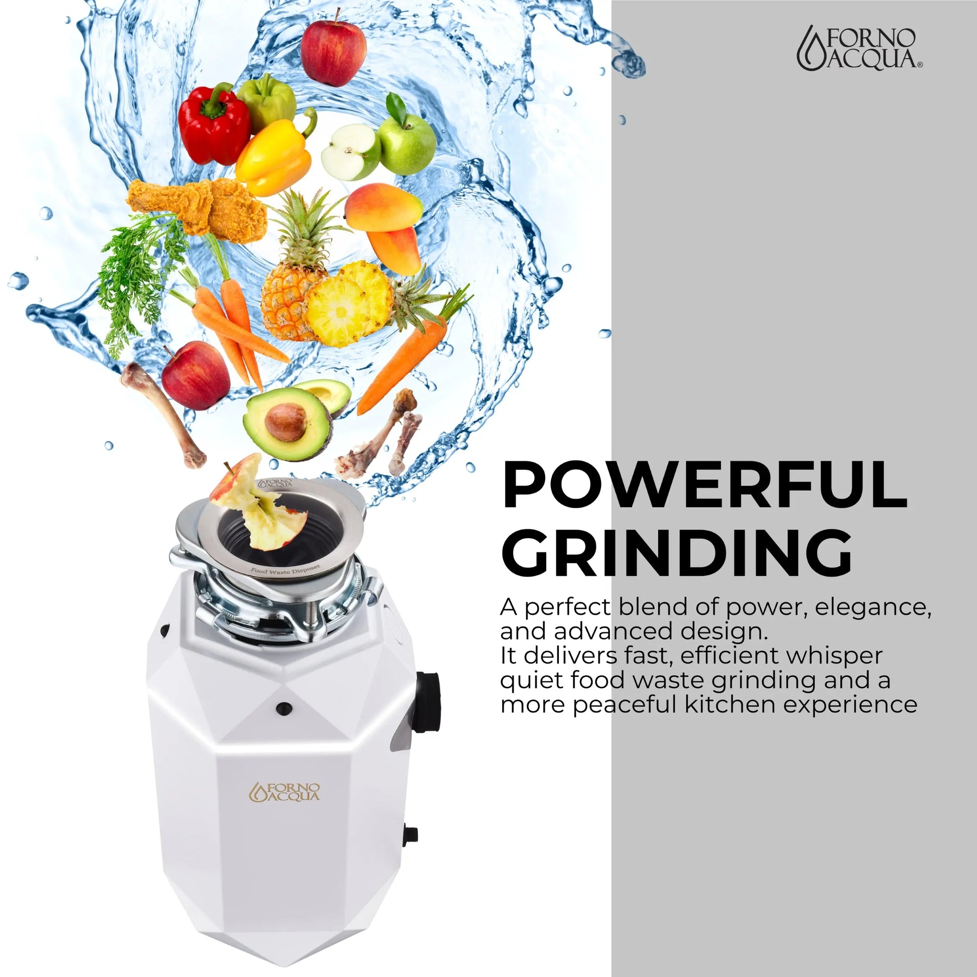 FORNO ACQUA BrightDIAMOND Moonstone 1HP Super Quiet Garbage Disposal Corded with Motion Sensor Cabinet Light & Pre-Wired Air Switch FORNO ACQUA