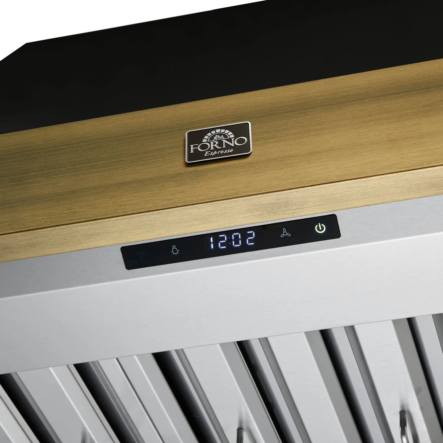 Forno Vittorio 36-Inch Wall Mount Range Hood, Black with Antique Brass Trim, 424 CFM Airflow, Dishwasher-Safe Baffle Filters, Remote Control, 3-Speed Fan, Bright LED Lighting. FORNO