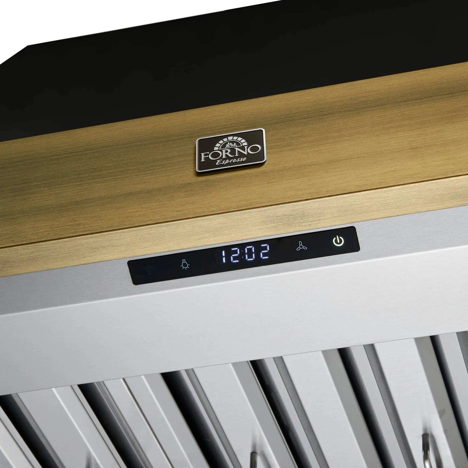 Forno Vittorio 36-Inch Wall Mount Range Hood, Black with Antique Brass Trim, 424 CFM Airflow, Dishwasher-Safe Baffle Filters, Remote Control, 3-Speed Fan, Bright LED Lighting. FORNO