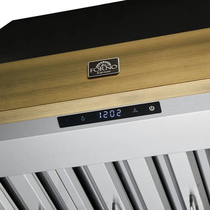 Forno Vittorio 36-Inch Wall Mount Range Hood, Black with Antique Brass Trim, 424 CFM Airflow, Dishwasher-Safe Baffle Filters, Remote Control, 3-Speed Fan, Bright LED Lighting. FORNO