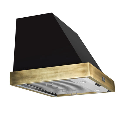 Forno Vittorio 36-Inch Wall Mount Range Hood, Black with Antique Brass Trim, 424 CFM Airflow, Dishwasher-Safe Baffle Filters, Remote Control, 3-Speed Fan, Bright LED Lighting. FORNO
