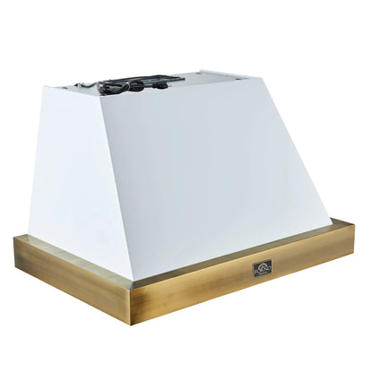 Forno Vittorio 36-Inch Wall Mount Range Hood, White with Antique Brass Trim, 424 CFM Airflow, Dishwasher-Safe Baffle Filters, Remote Control, 3-Speed Fan, Bright LED Lighting. FORNO