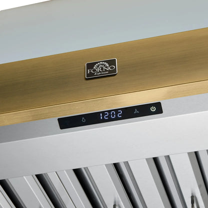 Forno Vittorio 36-Inch Wall Mount Range Hood, White with Antique Brass Trim, 424 CFM Airflow, Dishwasher-Safe Baffle Filters, Remote Control, 3-Speed Fan, Bright LED Lighting. FORNO