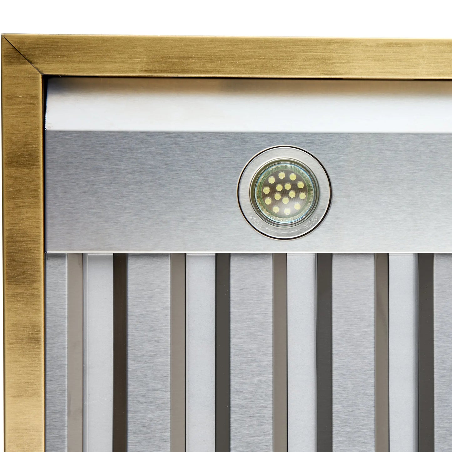 Forno Vittorio 36-Inch Wall Mount Range Hood, White with Antique Brass Trim, 424 CFM Airflow, Dishwasher-Safe Baffle Filters, Remote Control, 3-Speed Fan, Bright LED Lighting. FORNO