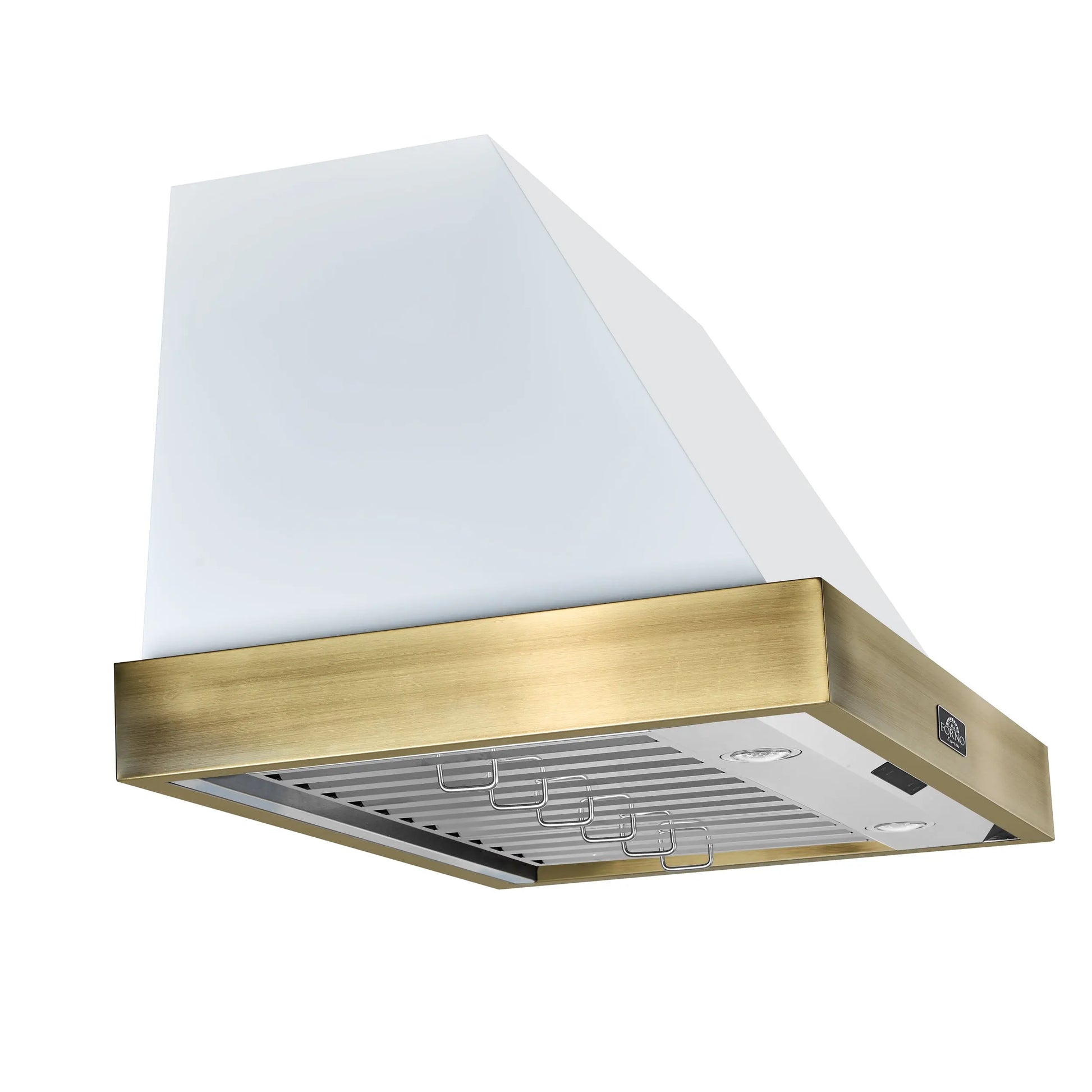 Forno Vittorio 36-Inch Wall Mount Range Hood, White with Antique Brass Trim, 424 CFM Airflow, Dishwasher-Safe Baffle Filters, Remote Control, 3-Speed Fan, Bright LED Lighting. FORNO