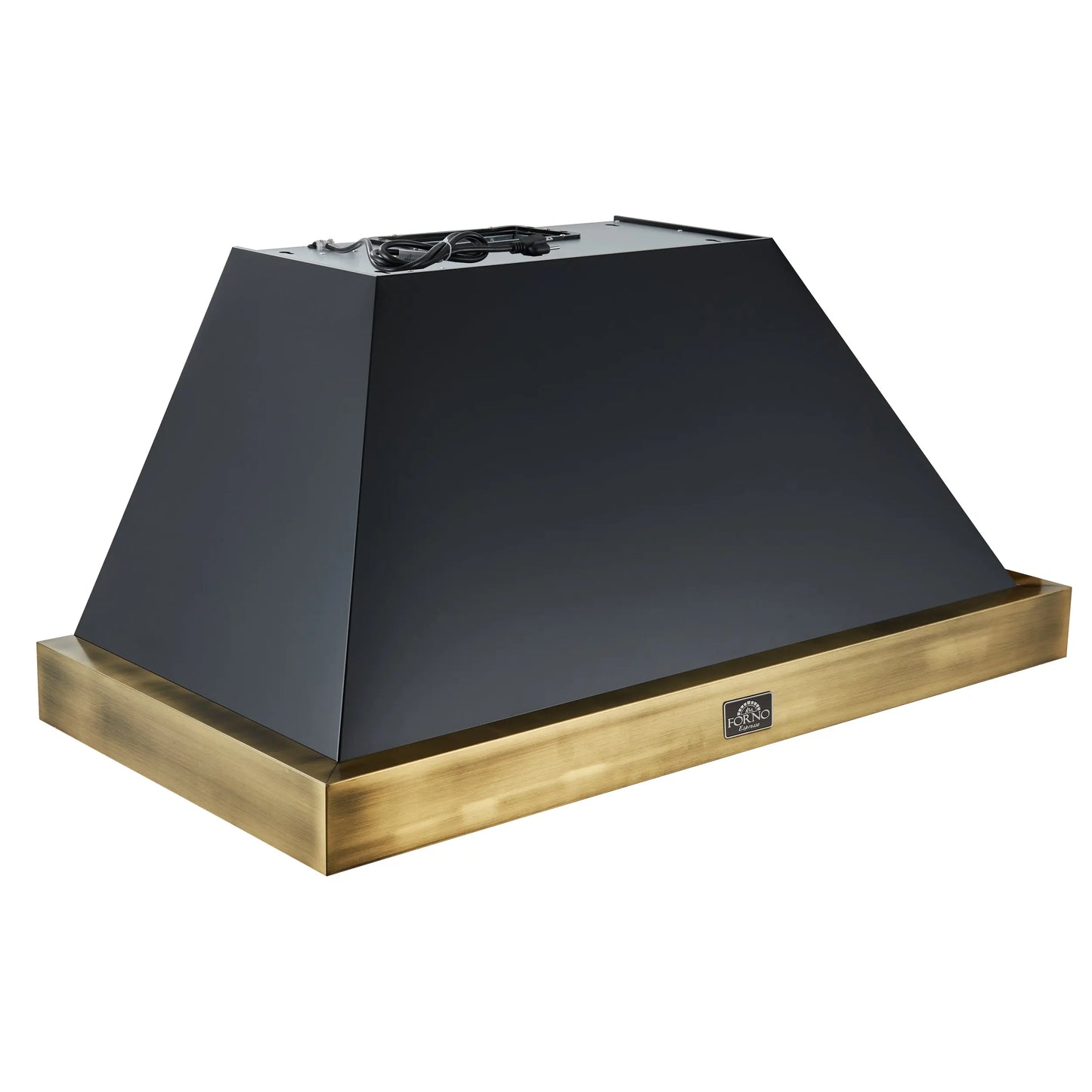 Forno Vittorio 48-Inch Wall Mount Range Hood, Black with Antique Brass Trim, 424 CFM Airflow, Dishwasher-Safe Baffle Filters, Remote Control, 3-Speed Fan, Bright LED Lighting. FORNO