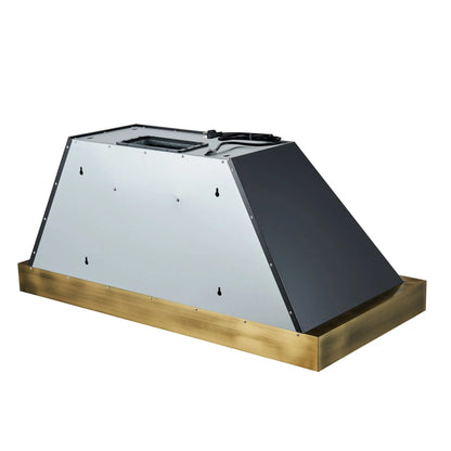 Forno Vittorio 48-Inch Wall Mount Range Hood, Black with Antique Brass Trim, 424 CFM Airflow, Dishwasher-Safe Baffle Filters, Remote Control, 3-Speed Fan, Bright LED Lighting. FORNO
