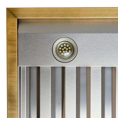 Forno Vittorio 48-Inch Wall Mount Range Hood, Black with Antique Brass Trim, 424 CFM Airflow, Dishwasher-Safe Baffle Filters, Remote Control, 3-Speed Fan, Bright LED Lighting. FORNO