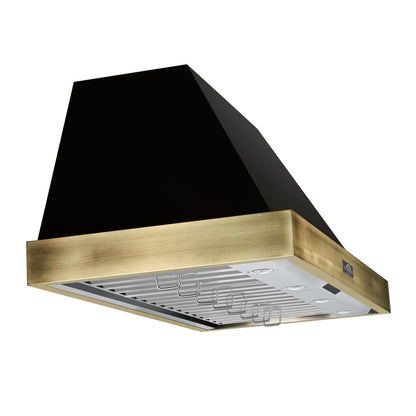 Forno Vittorio 48-Inch Wall Mount Range Hood, Black with Antique Brass Trim, 424 CFM Airflow, Dishwasher-Safe Baffle Filters, Remote Control, 3-Speed Fan, Bright LED Lighting. FORNO