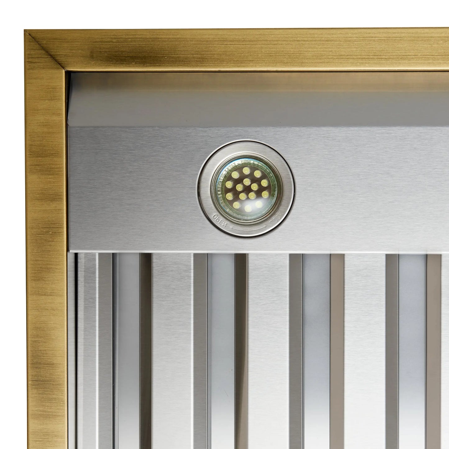Forno Vittorio 48-Inch Wall Mount Range Hood, White with Antique Brass Trim, 424 CFM Airflow, Dishwasher-Safe Baffle Filters, Remote Control, 3-Speed Fan, Bright LED Lighting FORNO