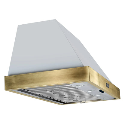 Forno Vittorio 48-Inch Wall Mount Range Hood, White with Antique Brass Trim, 424 CFM Airflow, Dishwasher-Safe Baffle Filters, Remote Control, 3-Speed Fan, Bright LED Lighting FORNO